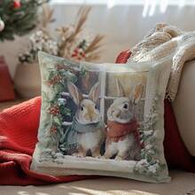 1 pieza Funda de cojín de ventana de conejo de invierno navideño, material de terciopelo de melocotón con impresión unilateral, 45*45CM/18*18 pulgadas, adecuado para decoración de habitación, decoración minimalista moderna de sala de estar, regalo