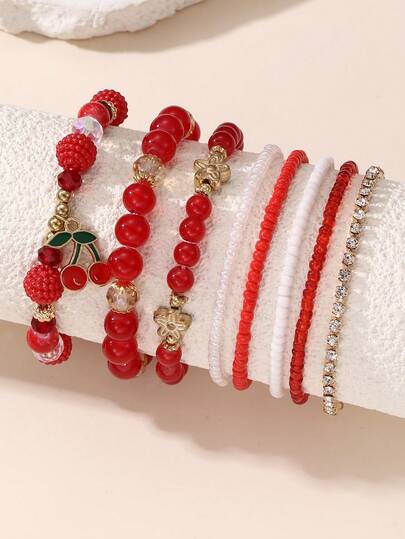 8件套女孩串珠、珍珠、花朵、樱桃吊坠手链套装