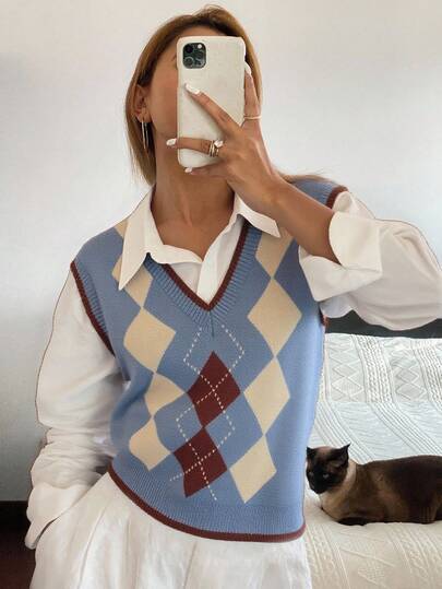 Livesso 女式复古格子 V 领无袖修身短款休闲针织上衣，秋冬背心