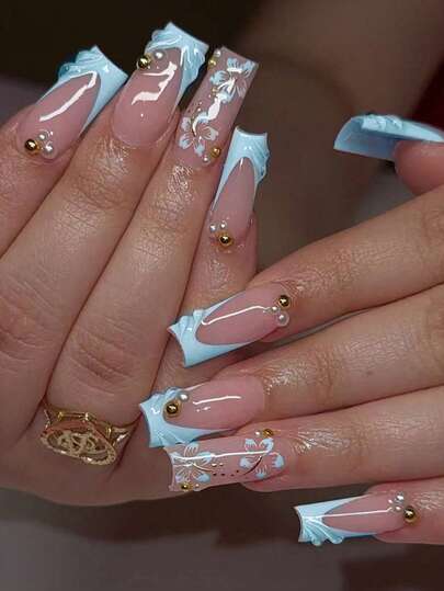 24Pcs 3D Gelnail Makes Long Square Flower Faux Pearl Decoration Design French Tip Press On Nails Medium Gelnail Flower With Faux Pearl Design Acrylic Fake Nail Set,Contain 1pc Jelly Glue And 1pc Nail File,Easy To Wear Summer Nails And French Tip Nails Art For Woman Girl Daily Work Wear Rave Party Use Nail Supplies