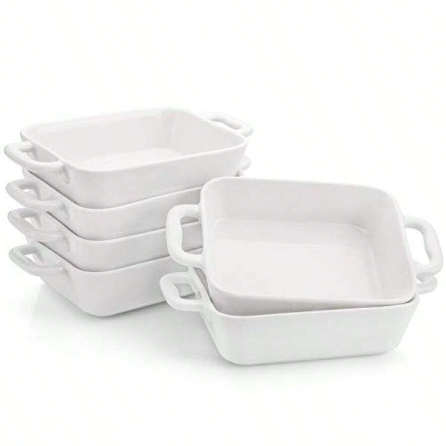 Foraineam Juego de 6 utensilios para hornear platos de soufflé de porcelana blanca ramekins 61/4 x 43/4 pulgadas rectangulares para hornear con asas dobles - Blanco - Ver 1