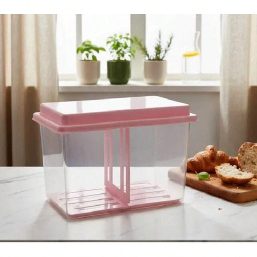 Porta Biscoito Bolacha Torrada Transparente com Tampa Divisória Puxador Opção de Cores - Rosa Bebê - Visão 1