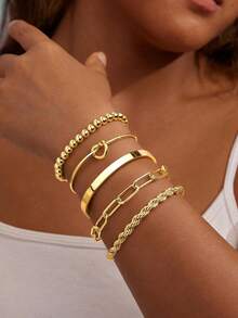 5pcs Set Of Elegant And Chic Stackable Bracelets And Bangles For Women, Minimalist And Fashionable - Gold 5-pack - View 2