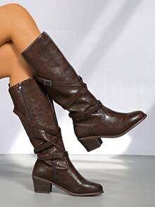 2025 Autumn New Metal Buckle Stacked Heel Boots, Thick Sole Desert Western Over-The-Knee Cowgirl Boots For Women, Side Zipper, Festive