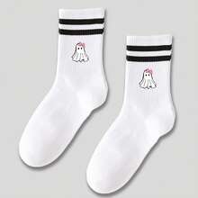 1 Par de Meias Médias Femininas Fofas com Laço e Estampa de Fantasma, Meias Brancas de Camada Dupla, Meias Longas Folgadas, Meias Listradas Pretas e Brancas, Meias Casuais Macias, Confortáveis e Respiráveis, Adequadas para Uso Diário, Festa de Halloween, Baile, Casa