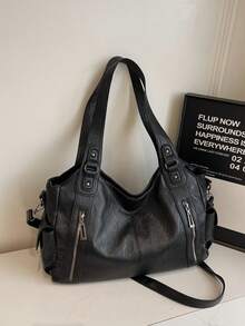 ‌"Sophisticated Black PU Leather Tote Bag With Removable Crossbody Strap | Spacious Multi-Compartment Design | Versatile For Work & Leisure | Premium Quality & Stylish Aesthetic"