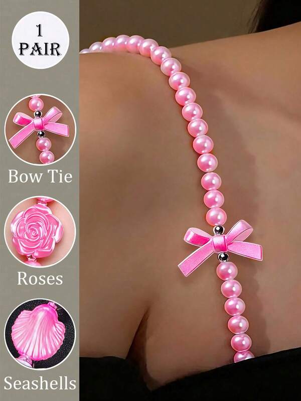 1 par de tirantes decorativos de sujetador para mujer en color rosa - Compatibles con vestidos sin espalda, con opciones de rosa/lazo/concha, cadena de pecho desmontable, de lujo ligero, versátil para reemplazar, ideal para vestidos sin espalda, blusas hombro descubierto, bodas