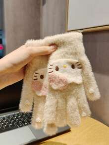 Sanrio 1 Par de Luvas Cartoon Hello Kitty, Forro Térmico Grosso, Fofo, à Prova de Vento, Adequado para Ciclismo no Outono e Inverno