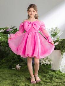 ALISA&LEO Elegante vestido de niña de las flores con tirantes de espagueti y corte evasé, decorado con lazo de gasa y falda de gasa multicapa, adecuado para bodas, cenas formales, galas, celebraciones de cumpleaños, ceremonias de premios y otras ocasiones. - Rosa - Ver 4