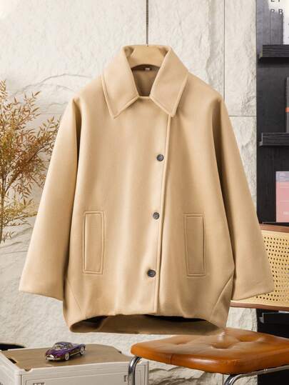 女士纯色蝙蝠袖休闲短款宽松加厚毛呢外套，欧美风