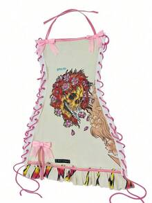 2025 European And American Fashion Retro Halloween Skull Positioning Printing Oil Painting Drawstring Chest Strap Y2k Dress - 淺粉色 - 查看 2