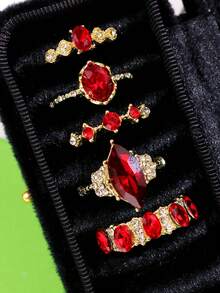 5pcs/Set Fashionable Luxury Rhinestone & Red Gemstone Gold Color Rings, Versatile Jewelry Suitable For Girlfriend, Wedding, Engagement - Multicolor - View 9