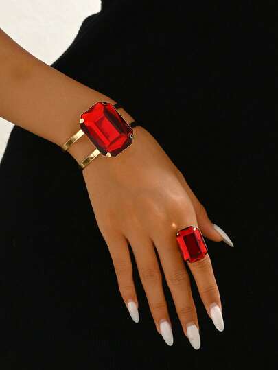 2pcs Faux Gemstone Bangle & Ring Set, Fashionable & Elegant Gift For Mom And Loved Ones