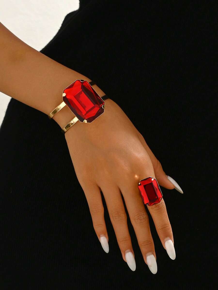 2 pièces Ensemble de bracelet et bague en faux pierres précieuses, cadeau à la mode et élégant pour maman et les êtres chers - ensemble de bagues et bracelets - Voir 1