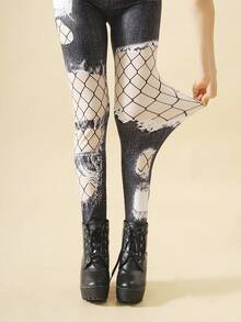 1 Pair Minimalist Printed Tights, Denim-Look Hollow Out Printed Leggings