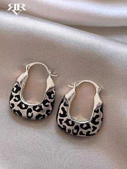 1 par de pendientes de aro únicos y elegantes con estampado geométrico y de leopardo en estilo retro, adecuados para fiestas y reuniones