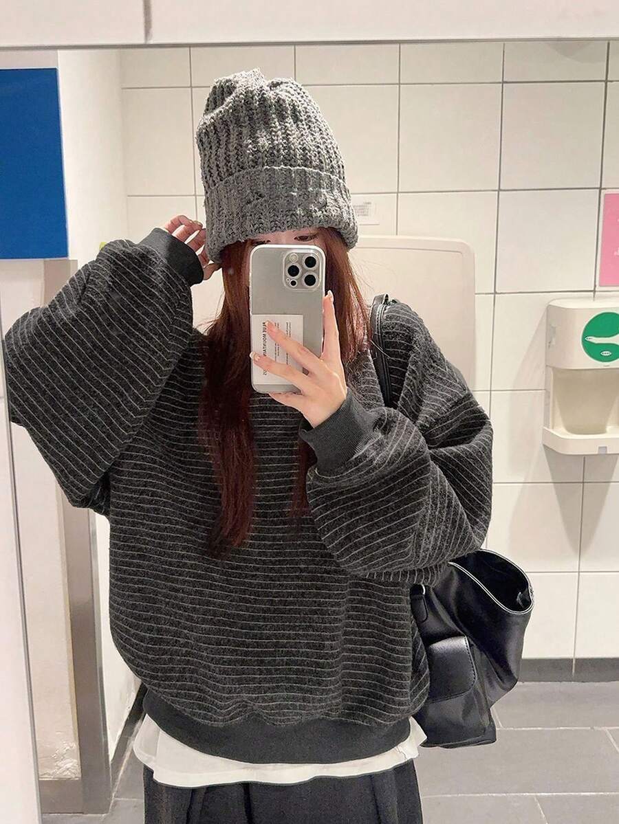 Áo nỉ kẻ sọc vải nguyên bản phong cách Mỹ cổ điển đầu thu, áo khoác rộng phong cách Hàn Quốc - Xám - Xem 1