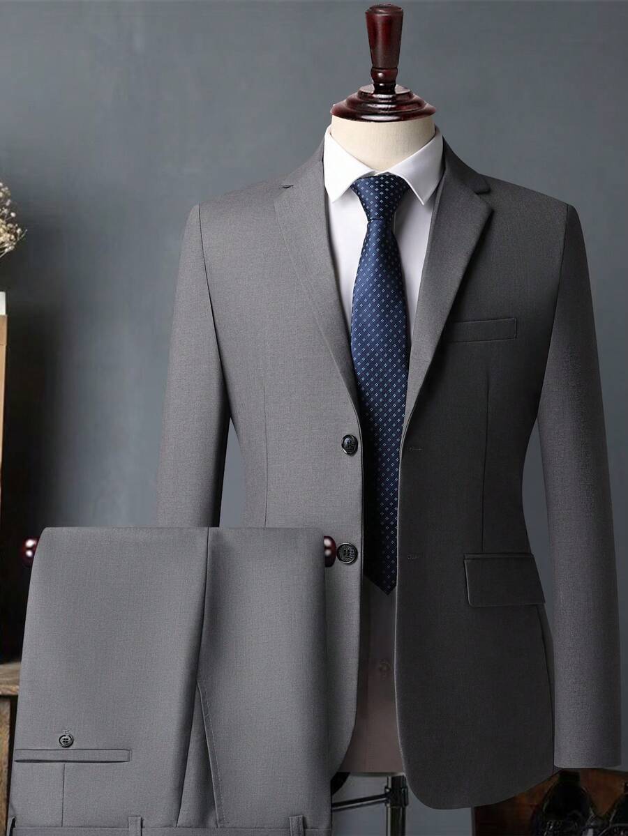 Men's White High-End Suit Set, Wrinkle Resistant And Non Hair Stained, Business Formal Wear, Four Season Commuting, Workplace, Party Dress, Two-Piece Set - 灰色 - 查看 1