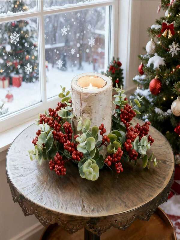 1pc/2pcs Christmas Candle Ring Garland, Artificial Red Berry Winter Fake Greenery Leaf Plant Candle Rings, Fake Green Christmas Eucalyptus Candlestick Wreath Christmas Ornaments, For Christmas Wreath Christmas Decor