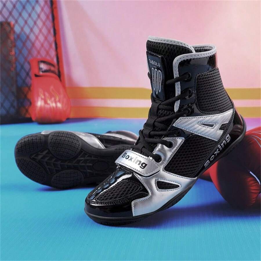 男士摔跤鞋、高帮搏击拳击鞋、训练鞋、跆拳道靴、健身武术鞋、高品质专业男士运动鞋、舒适防滑耐穿透气踝部支撑鞋，带纹理鞋底 - 黑色 - 查看 1