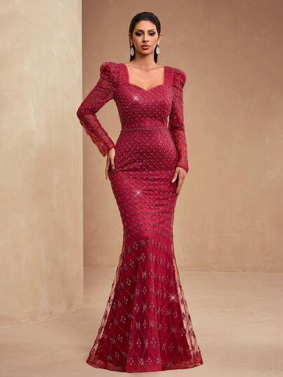 New Luxury Fashion Elegant Heavily Embellished Sequin, Sequins, Lace Sweetheart Neck Princess Sleeve Adjustable Back Tie Formal Evening Gown, Suitable For Weddings, Parties, And Formal Events