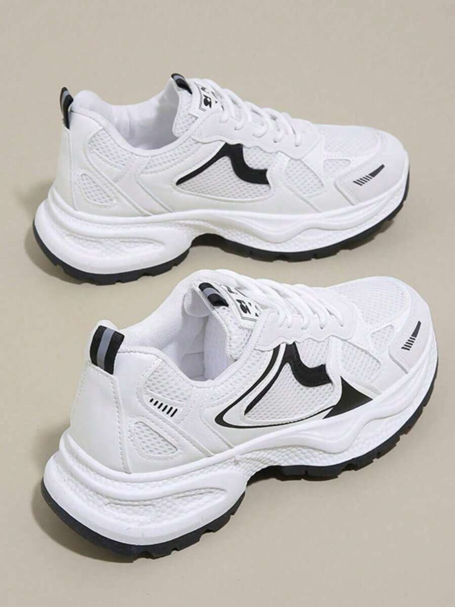 Women's Spring/Autumn New Sports Chunky Sneakers, Mesh Breathable Platform Low Vamp Wedge Heel Casual Shoes, Lightweight Versatile Fashion Casual Lace-Up White Grey Sneakers, White Blue - Black - View 1