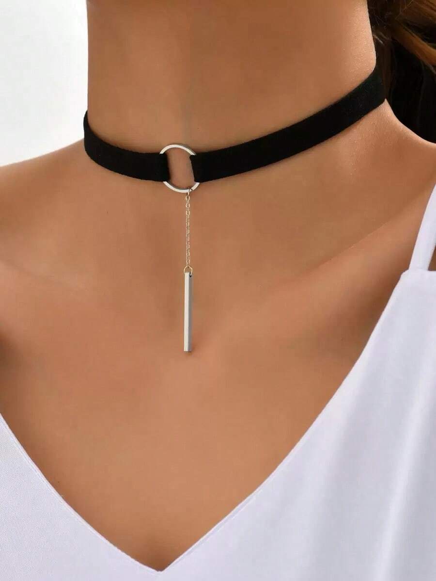 1pc Black Velvet Fabric Circle Choker With Chain Pendant Necklace For Women, Gothic Style In Summer - Nhiều màu - Xem 1