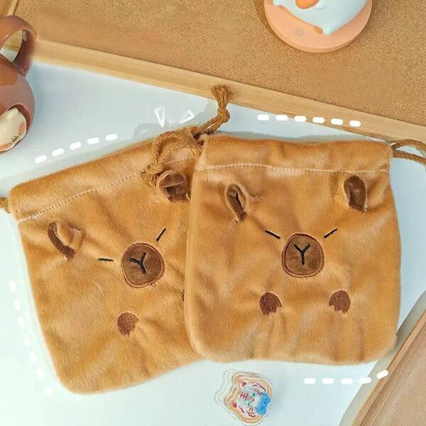 Cute Capybara Plush Drawstring Bag, Cartoon Pattern Cotton Blend With Multi-Component Accessories, Novelty Animal Theme Pouch For Various Holidays