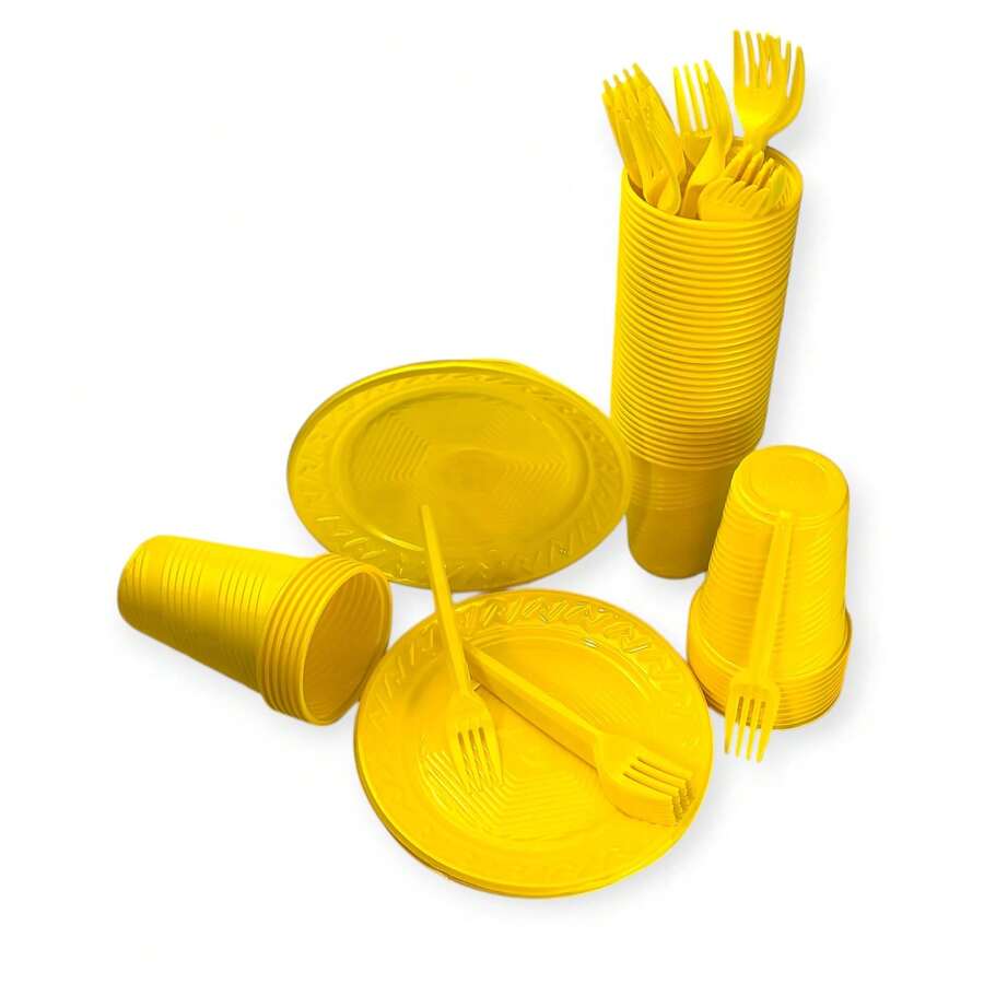 Kit Descartáveis Econômico 50 Pessoas 150 Itens Para Festas - Amarelo - Visão 1