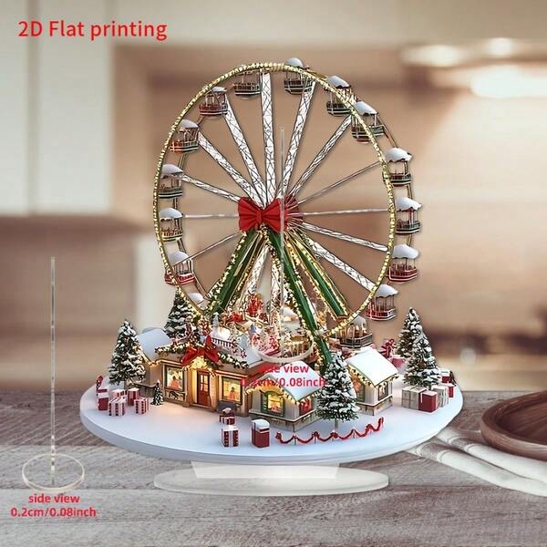 1 pezzo Decorazione acrilica piatta 2D a tema natalizio con ruota panoramica, caratterizzata da cabina innevata, albero di Natale, scatole regalo, aggiunge atmosfera festiva al soggiorno o allo studio, adatto anche come regalo natalizio