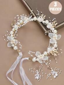 4 peças/2 peças/1 peça Conjunto de Tiara de Pérola de Liga Elegante para Meninas, Conjunto de 2 Peças de Tiara de Pérola e Pulseira de Pérola para Dama de Honra, Conjunto de Vestido de Flor de Fada para Meninas, Adequado para Apresentações, Festas, Fotografia e Danças, Tornando-o um presente ideal para meninas