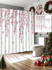 1 buc perdea de duș roz cu flori de cireș japoneze Sakura florale de primăvară decorative perdea de baie decor de Crăciun