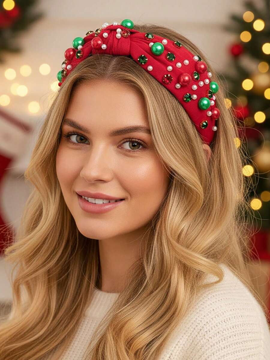 1pc Fashionable ChristmasBeaded, Pearl, Jewel Knotted Wide Headband, Holiday & Daily Wear Hair Accessory, Lovely Gift For Women ,Beauty ,Hair Hair Hoop ,Hairband For Women