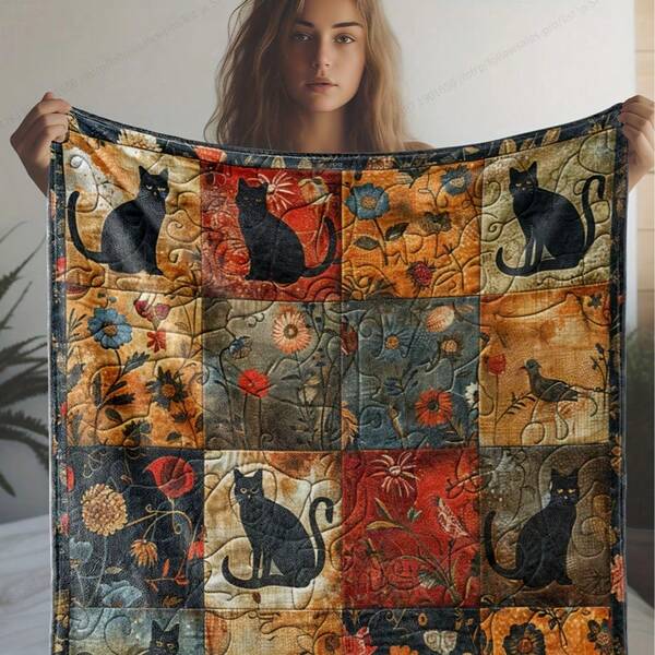 Vintage Cat & Floral Patchwork Throw Blanket, Soft & Cozy With Black Cat Pattern. Suitable For Napping, Relaxation And Travel, Lightweight And Skin-Friendly, Applicable For Sofa, Bed, Car, Office, Camping And Travel, All Seasons