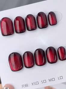 10片手工制作的按压式美甲贴片，短椭圆形，红色，Y2K极简柔和风格，纯色猫眼图案，带细闪，适合女性和女孩，秋冬季、圣诞派对、日常使用。 - 紅色 - 查看 2