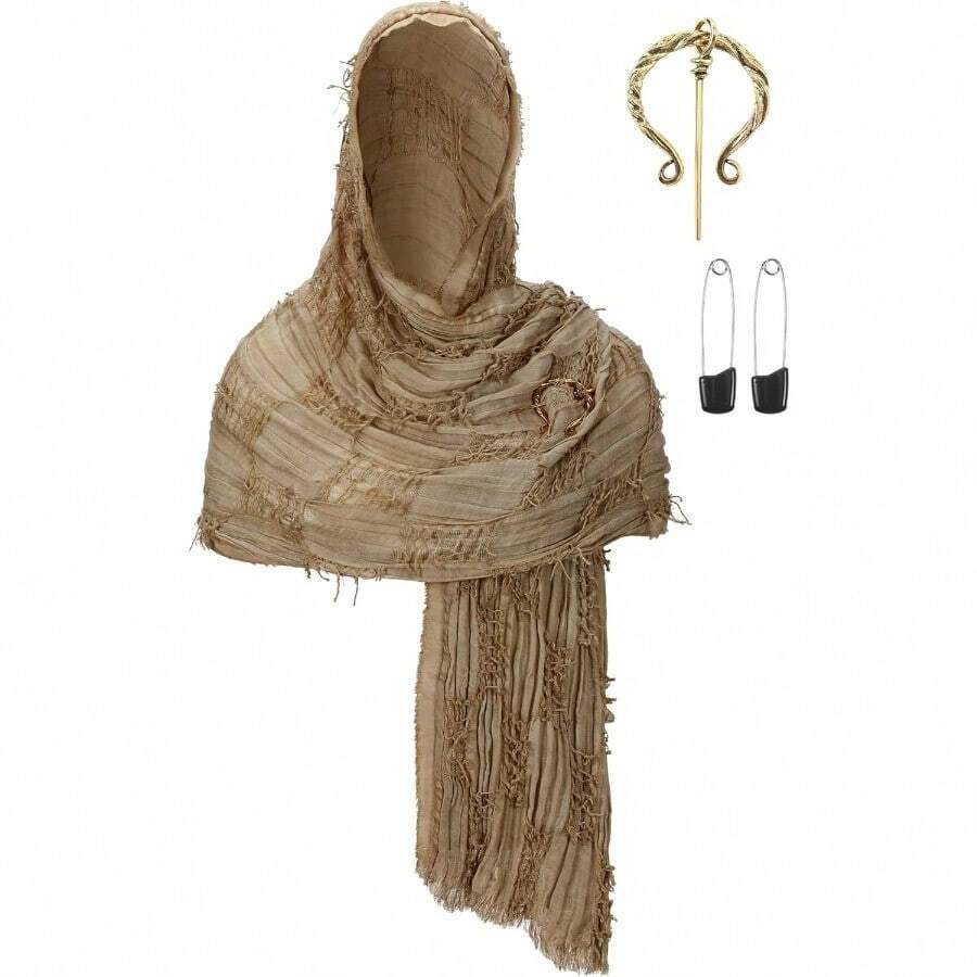 Wrap Sand Hooded Shawl With Viking Brooch Scarf Rogue Medieval Renaissance Cosplay Cloak Cape Accessoriesgift - 卡其色 - 查看 1