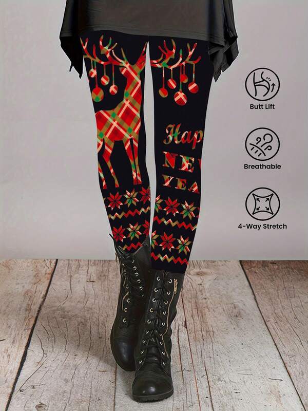 Leggings de mujer con estampado digital de renos navideños, adecuados para deportes al aire libre, hogar, yoga