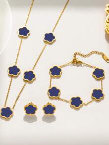 4pcs/Set Stainless Steel Fashionable Clover Flower Stud Earrings, Bracelet, Necklace Set For Women (Clover Welding Position Random)