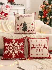 1 pieza/2 piezas Funda de cojín decorativa navideña, Jacquard de lino con copos de nieve y dorado, Decoración de sala de estar rústica de invierno, Regalo navideño
