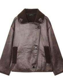 Giacca in pelliccia sintetica reversibile con collo in finta pelliccia, adatta per donna in autunno/inverno, marchio DEEKA - Castano - Visualizzare 2