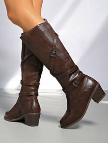 2025 Autumn New Metal Buckle Stacked Heel Boots, Thick Sole Desert Western Over-The-Knee Cowgirl Boots For Women, Side Zipper, Festive