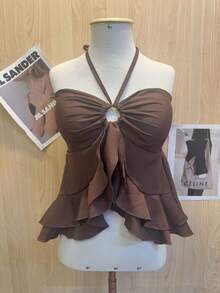Butterfly Cropped Blouse With Ruffled Neck Tie - Brown - View 1