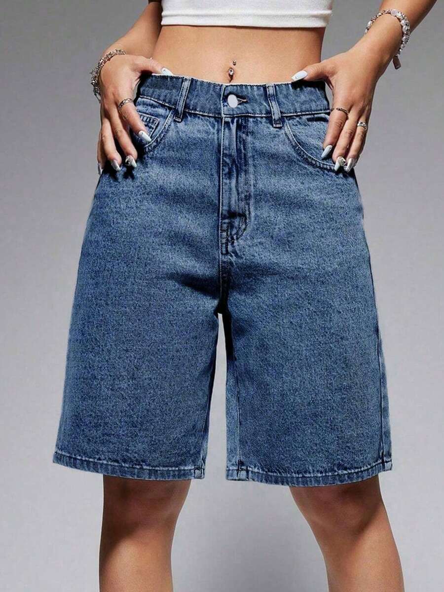 Women Jorts Baggy Jeans Jorts Outfits Mid-Low Waisted Denim Y2K Shorts Summer Hot Short Pants Streetwear - 藍色 - 查看 1