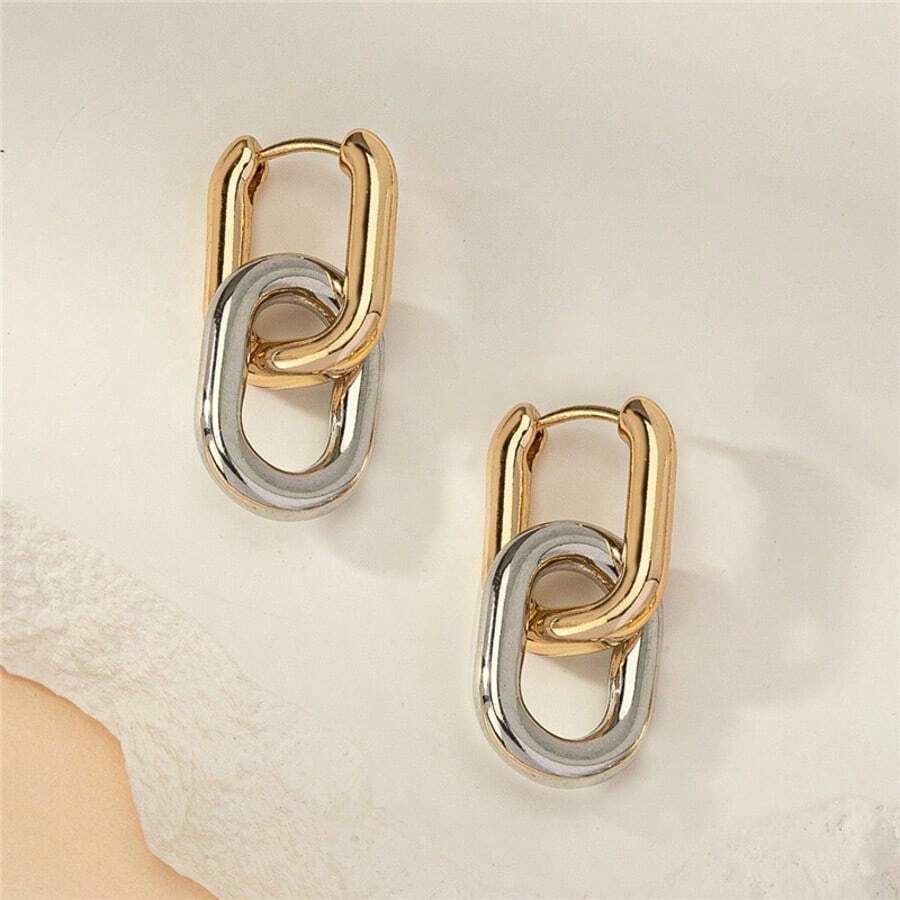 1 Pair Chic Two-Tone Link Chain Drop Earrings For Women Elegant Fashion Daily Wear Party Accessory Gift - Vàng và bạc - Xem 1