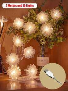 10 英尺 20 个 LED 光纤花串灯，适用于婚礼、节日、圣诞装饰、家居装饰、派对，暖白/多色可选，USB 或电池供电（不含电池） - 彩色 - 查看 14