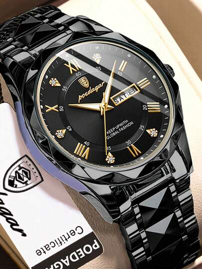 POEDAGAR 1pc Bussiness Men's Waterproof Luminous Date Quartz Stainless Steel Wrist Watches, Casual Watch For Men With Box, Fashion Male Wristwatch For Daily Occasion, Father's Day Gifts