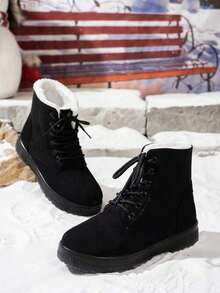 New Winter Style Women's Fashion Boots, Ankle Boots, PU Sole, Thick Sole, Non-Slip, Waterproof, Warm, Comfortable And Versatile, Multi-Functional Warm Lining Thick-Soled Women's Short Boots, Valentine's Day Style Gentle Flat Shoes, Soft-Soled Shoes, FuzzyChicVersatile Style For Dates, Commuting, And Everyday Work.Black  Snow Boots With A Vacation Atmosphere Feel - 黑色 - 查看 6