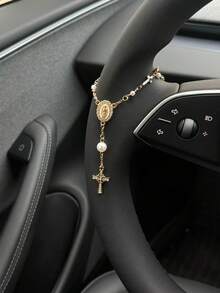 1 x Đồ trang trí tràng hạt vô lăng | Phụ kiện mặt dây chuyền tràng hạt ô tô | Trang trí xe hơi | Mặt dây chuyền ô tô | Trang trí mặt dây chuyền ô tô thời trang độc đáo - Thập tự giá ngọc trai - Xem 4