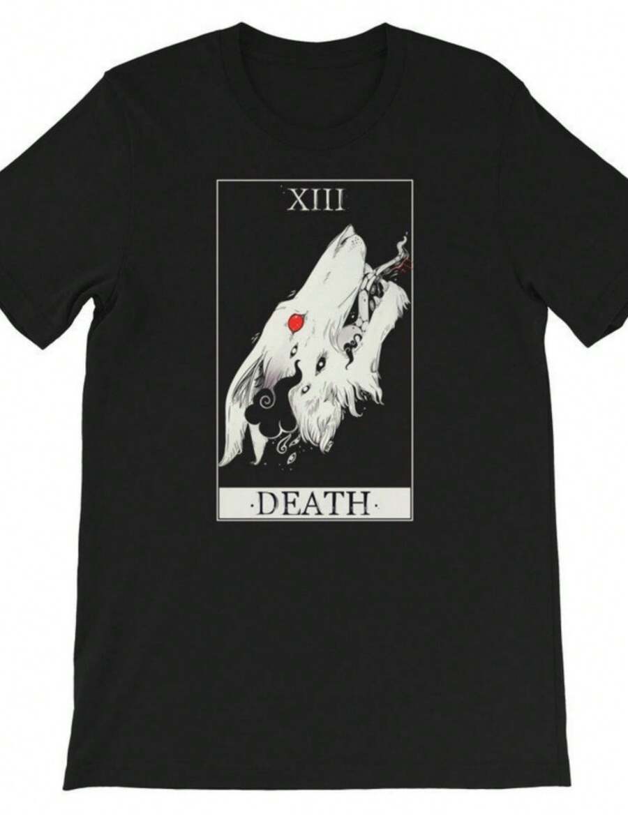 Death Tarot Card Shirt, Wolf Art Graphic Tee, Wiccan Clothing, Esoteric Occult Goth T Shirt - 黑色 - 查看 1