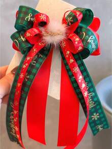 1pc Girls' Joyful Holiday Party Christmas Printed Ribbon Multi-Layer Bow Streamer Hair Clip - Multicolor - View 3